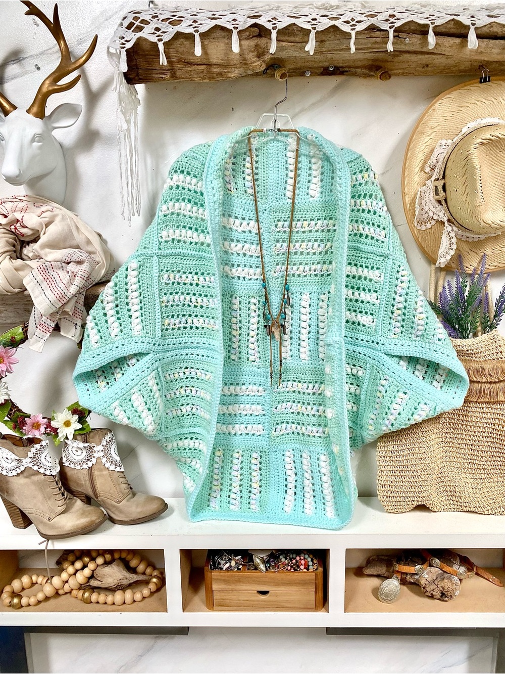 Artisan patchwork MINT dream boho Cocoon kimono shrug farmhouse cottagecore vibe